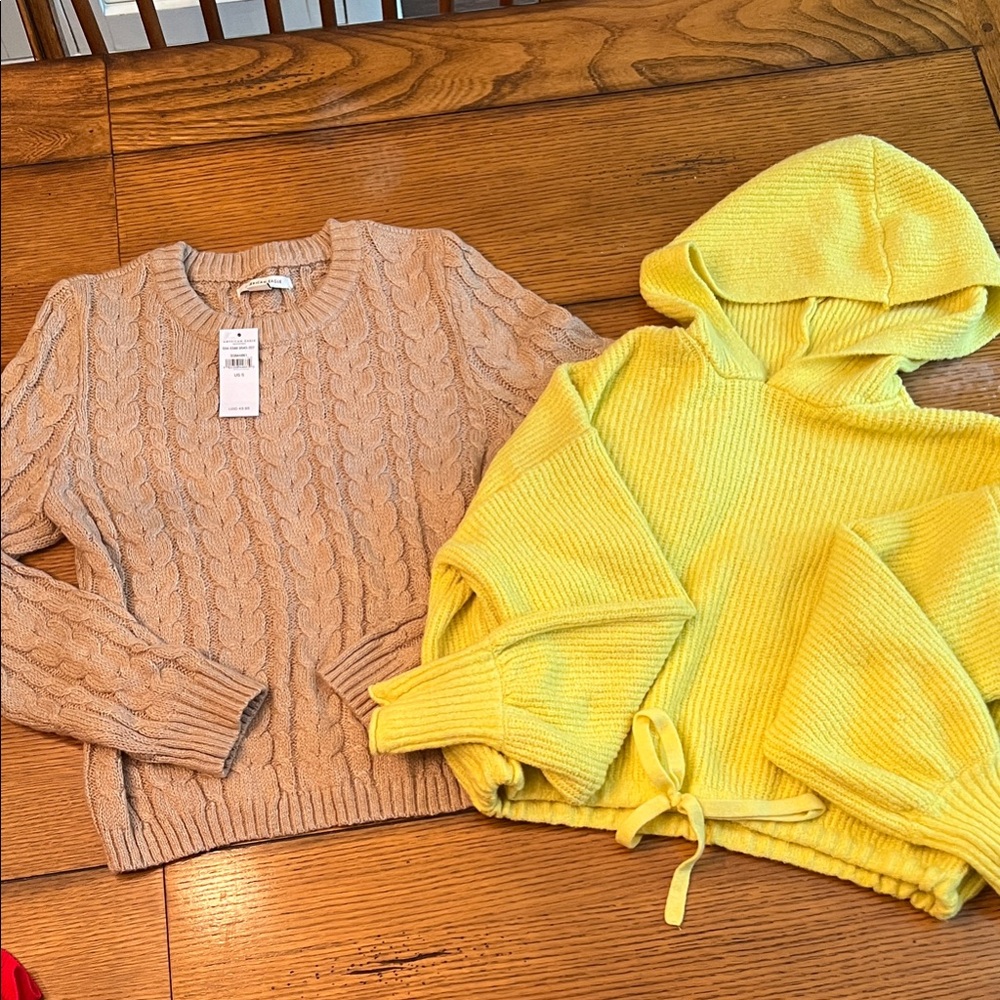 American Eagle Outfitters Beige Cable Knit Sweater and Yellow Hoodie